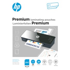 HP 25 x A4 Premium Laminating Pouches with Punched Holes 125 Micron Glossy for Hot Laminating 9122