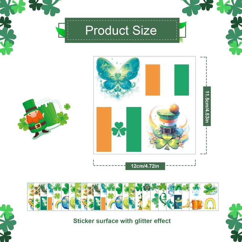 VERKSTAD 24 Sheets St. Patrick's Day Temporary Tattoos, Glitter Shamrock