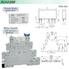 Power Relay 24VDC/24VAC Miniature Relay 5 Pin SPDT 1NO 1NC 6Amp with LED Indicator with Socket Base 41F-1Z-C2 with DIN Rail Slotted