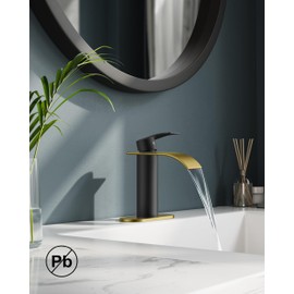 FORIOUS Waterfall Bathroom Faucets 1 or 3 Hole, Black and Gold Single Handle Bathroom Sink Faucet with Metal Pop up Drain and Supply Hoses, Lead-Free Faucet for Bathroom Sink, Vanity