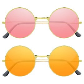 NEBURORA 2 Pairs Round Hippie Sunglasses Metal Frame Colored Circle Glasses for Women Men 70s Retro Disco Party Accessory