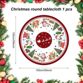 Christmas Round Table Cloths 60in Red Polyester Santa Claus Tablecloth Christmas Round Tablecloth Circular Table Cover Washable Polyester Xmas Table Cloth for Christmas Party Dinner Decoration