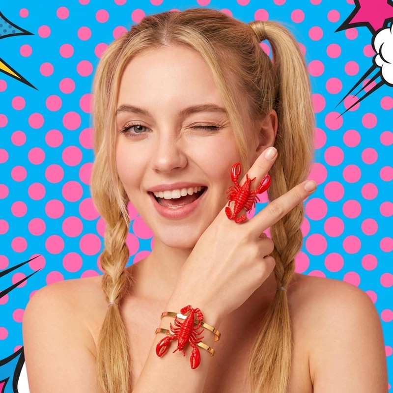 MYANAIL Fun Lobster Bracelet Ring Set for Women 3D Red