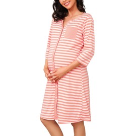 Marvmys Maternity Nightdress For Hospital Breastfeeding Nightwear 3/4 Length Sleeves Nursing Nightgown Button Down Sleep Shirt V Neck Pajama Soft Loungwear For Pregnant Women A-Pink M