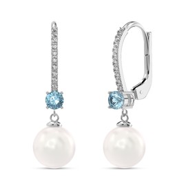 LeCalla 925 Sterling Silver Lightweight Italian Design Simulated Pearl Cubic Zirconia and Blue Topaz Gemstone Leverback Drop Dangle Earrings for Women Teen 32 MM