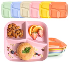 SLTAXAR Pack of 6 Plates Divided Plastic 3 Divided Plates 25 x 22.5 cm Plates with Dividers Adult Divided Dinner Plates Sets Snack Plates with Compartments Plastic Plates for Portion Control