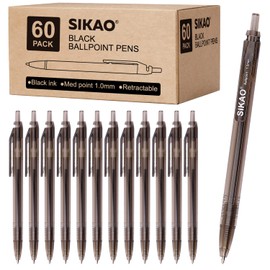 Sikao 60 Pack Black Ballpoint Pens Bulk – Smooth Writing 1.0mm Click Pens with Black Ink & Black Translucent Barrel, Reliable Everyday Pens for Office, School, Home, Restaurant, Teachers & Students