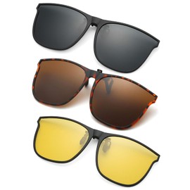 YAMEIZE 3 Pairs Polarised Clip On Sunglasses for Men and Women Clip On Sunglasses for Flip-Up UV400 Protection Flip Up Glasses Driving Travel Fishing, Grey + Leopard + NV