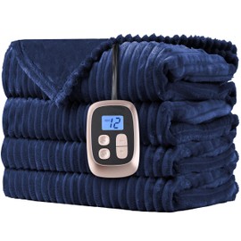 SUNNY HEAT Heated Blanket 72"x84" Full Size, Striped Fabric Flannel with 1-12 Hours Timer Up & 10 Optional Heating Levels - Dark Blue
