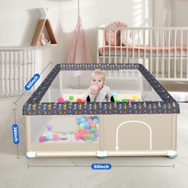 Baby Playpen, Playpen with Mat for Babies and Toddlers, 50x50 inch Baby Play Pen Playard for Indoor & Outdoor with Breathable Mesh Anti-Fall Play Yard(All-Wrapped Sponge Cartoon Print)
