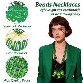 18PCS St. Patrick's Day Necklaces and 3PCS Freckles Temporary Glitter Tattoos, with Shamrock, Beer, Hat & Clover Blessing Patterns, Ideal for St. Patrick's Day Party, Irish Themed Gatherings