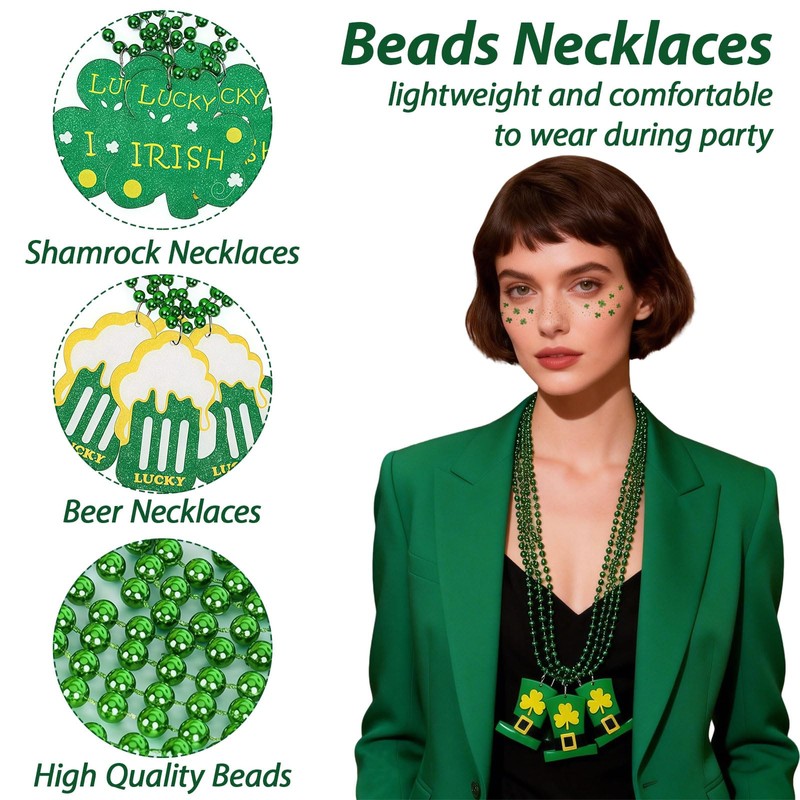 18PCS St. Patrick's Day Necklaces and 3PCS Freckles Temporary Glitter