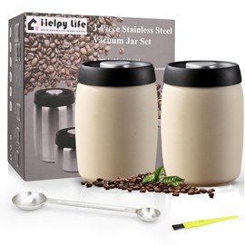 HelpyLife Vacuum Coffee Canister, Coffee Bean Storage with Scoop, Stainless Steel Airtight Food Storage Container, Perfect for Coffee Beans,Grounds,Loose Leaf Tea (1200ml*2 Cream White)