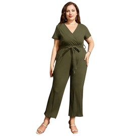 WDIRARA Women's Plus Size Deep V Neck Wrap Belted Rib Knit Short Sleeve Jumpsuit Pants Olive Green 3XL