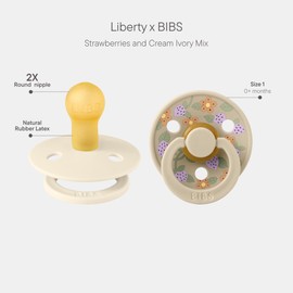 BIBS Colour Liberty Soother 2-Pack, BPA Free Dummy Pacifier, Round Nipple. Natural Rubber Latex, Made in Denmark, Size 1 (0-6 Months), Strawberries and Cream Ivory Mix