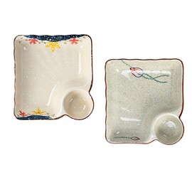 FYUEROPA Ceramic Dumpling Plate with Dipping Saucer, Sushi Dish, Serving Plate Chips and Snack Plate, 7.5 Inch - Set of 2, Blue
