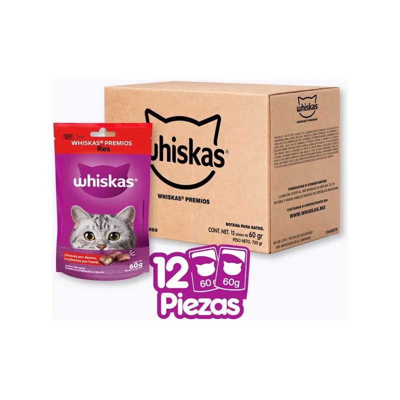 Pack X12 Premios Para Gato Whiskas Sabor Res 60g C/u