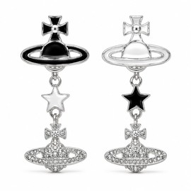 Cute Silver Plated Saturn Stud Earrings Planet Charms Cubic Zircon Dangle for Women Statement Jewelry Gifts (Black and White)