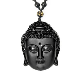 ASGIFT Buddha Necklace Black Obsidian Buddha Head Buddhist Prayer Protection Pendant with Adjustable Bead Chain Good Luck Buddah Necklaces Jewelry