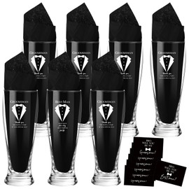 Nuanchu Set of 7 Groomsman Proposal Gifts Best Man Gift Groomsmen Beer Glass Set with Tuxedo Groomsman Glasses Will You Be My Groomsman Cards Tissue Paper for Bachelor Party(Pilsner Glasses, 16 oz)