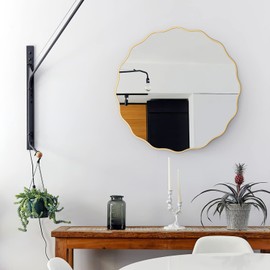 Gumcoly Circle Wall Mirror 20" Round Wood Frame Mirror Gold Waved Edge Accent Mirror Decorative Vanity Mirror Farmhouse Irregular Wall Mirror for Bathroom Washingroom Living Room