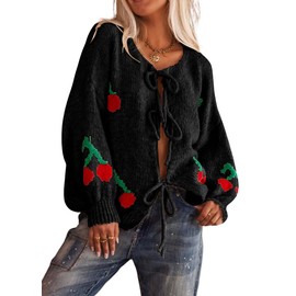 myzgx Women's Cute Y2K Cherry Bow Knot Cardigan Sweater Crewneck Chunky Knit Coatigan Coat Tops (Medium, Black)