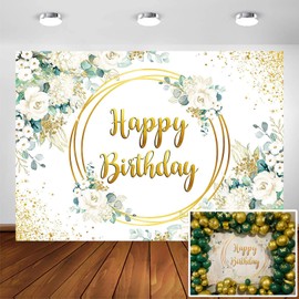Avezano Greenery Happy Birthday Backdrop for Girl Women Green and Gold Eucalyptus Green Leaves White Rose Flower Birthday Party Decorations Background Photoshoot Photobooth (7x5ft)