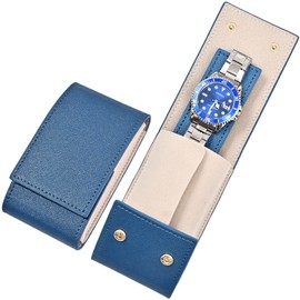 Travel Leather Watch Pouch/Watch Travel Case with Suede Lining/Luxury Leather Travel Watch Case Single Watch Pouch for Men and Women (Blue)
