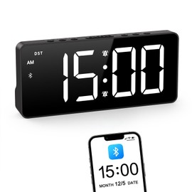 ORIA Digital Alarm Clock, LED Bedroom Clock with Bluetooth Sync Time, Auto Sync Time Alarm Clock, Adjustable Volume Brightness, Snooze, Rechargeable Large Display for Home Living Room