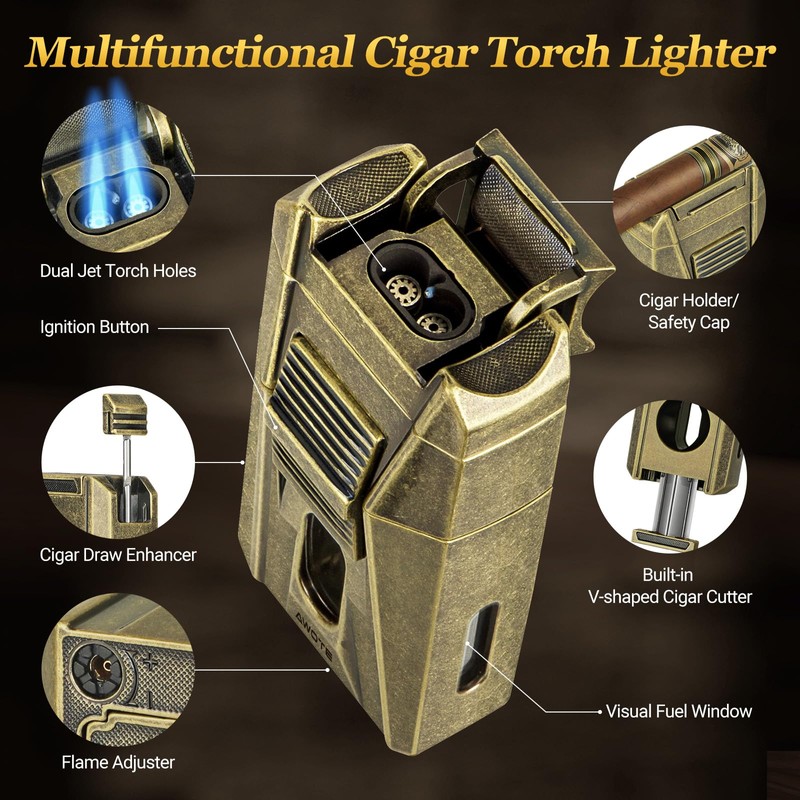 AWOTE Cigar Lighter with Double Jet Flame, Refillable Cigar Torch
