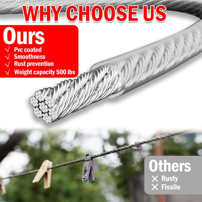 VIVBOO 40ft Clothes Line Outdoors 3/16" Wire Ropes Silver PVC