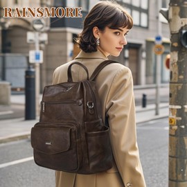RAINSMORE Convertible Backpack Purse for Women Designer PU Leather Backpack Purse Waterproof Women's Fashion Backpack Handbags 13.3 Inch AntiTheft Crossbody Shoulder Bag for Work Travel College Coffee