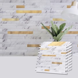 Art3d 10-Sheet Peel and Stick Stone Overlay Kitchen Backsplash Tile - Volakas White Embellished with Metal Gold