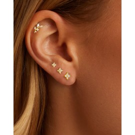 Bheop 14K Gold Plated Stud Earrings for Women Trendy Hypoallergenic Post Leaf Cartilage Tragus Earring Set for Multiple Piercing Dainty Cute Small Cubic Zirconia Flower Earrings Stack Jewelry