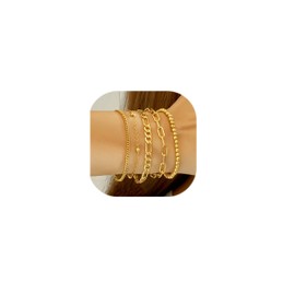 LunarCharm 5 Pieces 14K Gold Plated Bracelets for Women Trendy Dainty Gold Plated Fashion Stackable Bracelet Sets for Women Thin Link Bracelets Multilayer