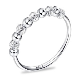 Spinner Bead Rings Anxiety Ring 925 Sterling Silver Fidget Ring with Frosted Beads Anxiety Rings for Anxiety Fidget Stacking Ring for Anxiety Stress Band Ring Anxiety Rings, Sterling Silver