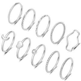 MOROYA 10PCS Stacking Rings for Women 14K Gold Filled Moon Wave Love Heart Stackable Thumb Ring Bands Plain Thin Knuckle Gold Ring Set