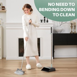 JOYMOOP Black Broom and Dustpan Set with 56” Handle, Upright Angle Design for Pet Hair and Hard Floor Sweeping