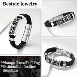 Bestyle Punk Mens Leather Skull Bracelets for Men Cool Stainless Steel Sketelon Cross Braided Leather Cuff Bracelets with Magnetic Clasp Adjustable, Men Fashion Wrist Jewelry