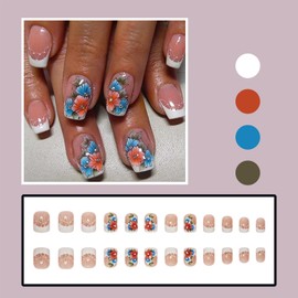 LBPEPAMZ 24Pcs Flower Press on Nails Short Square Fake Nails with Rhinestone Design White French Tips Acrylic Nails False Nails Spring Summer Colorful Stick on Nails Full Cover Glue on Nails for Women