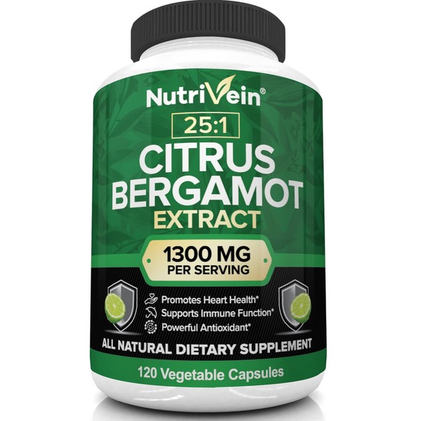 Nutrivein Citrus Bergamot 25:1 Bergamia Extract 1300 mg - Heart Health in Men and Women - 60 Day Supply (120 Capsules, Two Daily)