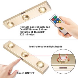 LUXSWAY Closet Tap Light Battery Operated, Remote Control Accent Light ,Rotatable 3 Heads Spotlight, Dimmable Timer Shelf Light ,Wireless Stick Light for Closet Under Cabinet Lighting Bar