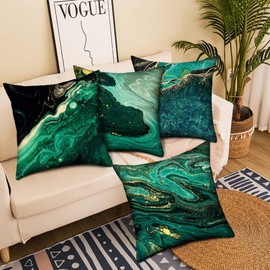 Cushion Cover, Green, 45 x 45 cm, Marble Cushion Covers, Set of 4, Microfibre Abstract Cushion, Geometric Decorative Cushion Covers, Sofa, Garden