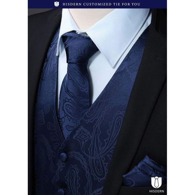 HISDERN Men's Suit Vest, Paisley, Necktie, Pocket Square, 3-Piece Set,
