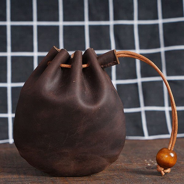 Genuine Leather Wallet Coin Pouch Case Drawstring String Bag Small