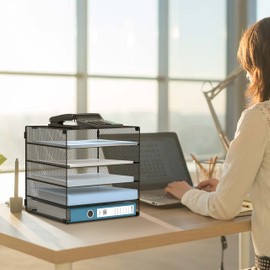 DALTACK Paper Organizer for Desk, 5-Tier Desk Organizer Tray, Paper Organizer Storage, Paper Tray Organizer for Home Office School, Black 2 Pack