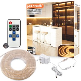 paul russells COB LED Strip Light, 24V- 5Watt/M, 320 LEDs/M, Warm White 3000K, 2300 Lumens, 5M Flexible Tape Light, IP65, High CRI 90+, DIY Indoor Lighting for Home, Cabinet & Decoration (Dimmable)