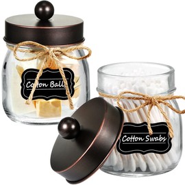 Amolliar Mason Jar Bathroom Storage Organizer -Oil Rubbed Bronze- Rustic Farmhouse Decor Bathroom Accessories - Qtip Holder Dispenser Glass Apothecary Jar-Qtips,Cotton Swabs,Ball,Flossers (2 Pack)