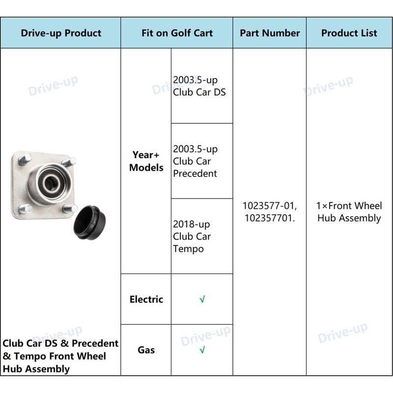 Drive-up Club Car Front Wheel Hub Assembly with Bearings for