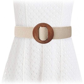 GeorgeX Cinturón de Vestir para Mujer Elástico Tejido de Paja de Moda Con Hebilla Ancha de Madera para Pantalones y Mono